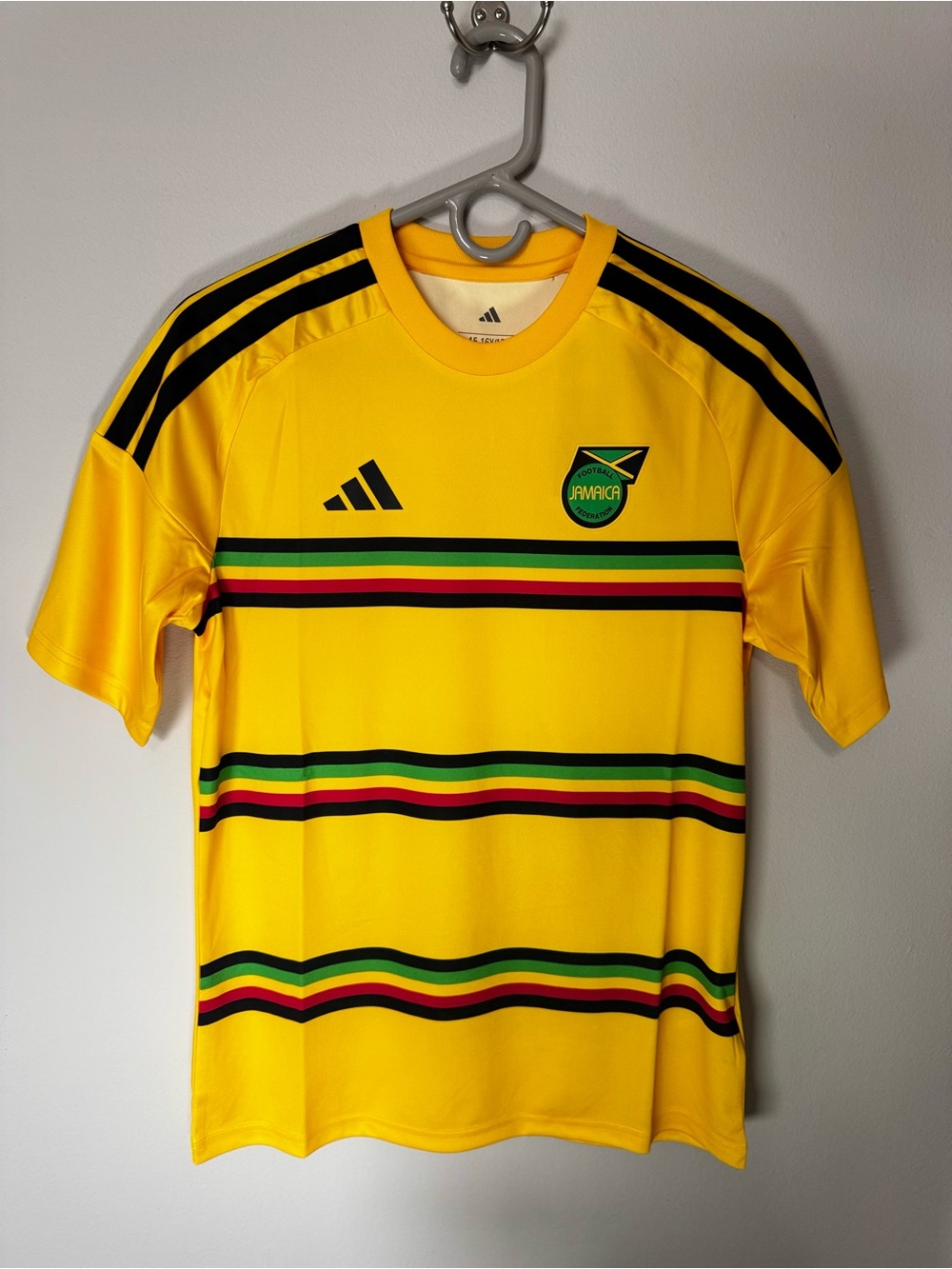 adidas Yellow Jamaica Soccer Shirt with Green, Black and Red Stripes
